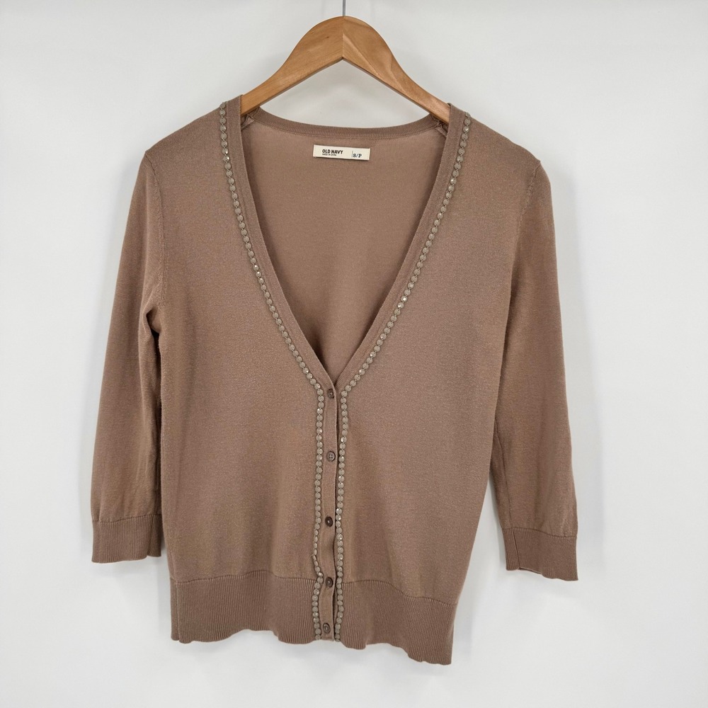 Old Navy Light Brown Deep V-Neck Beaded 3/4 Sleeve Sweater Cardigan Women's S